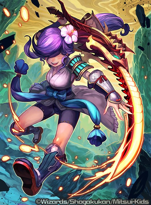 lack, duel masters, official art, 1girl, armor, black shorts, boots, breasts, copyright notice, fire, flaming sword, flaming weapon, flower, hair flower, hair ornament, hair over eyes, high ponytail, holding, holding sword, holding weapon, huge weapon, islay (duel masters), japanese clothes, large breasts, long hair, low-tied long hair, obi, open mouth, pink flower, ponytail, purple hair, sash, shirt, shoe soles, shorts, shoulder armor, sword, teeth, upper teeth only, vambraces, very long hair, weapon, white shirt