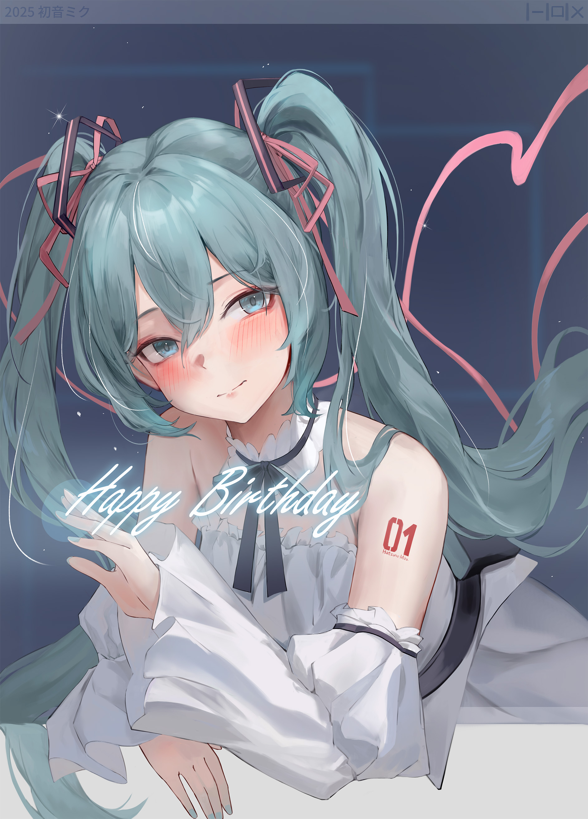 nononae, hatsune miku, vocaloid, absurdres, commentary request, highres, 1girl, aqua eyes, aqua hair, blush, closed mouth, detached sleeves, dress, facing viewer, happy birthday, long hair, number tattoo, solo, strapless, tattoo, twintails, upper body, white dress