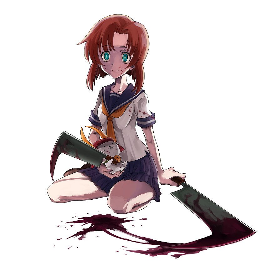 futou ryouko, opaque (artist), ryuuguu rena, higurashi no naku koro ni, 00s, 1girl, :3, billhook, blood, cleaver, crazy eyes, doll, female focus, green eyes, hashitsuki nata, hatchet, kneeling, nata (tool), orange hair, school uniform, serafuku, simple background, smile, solo, white background