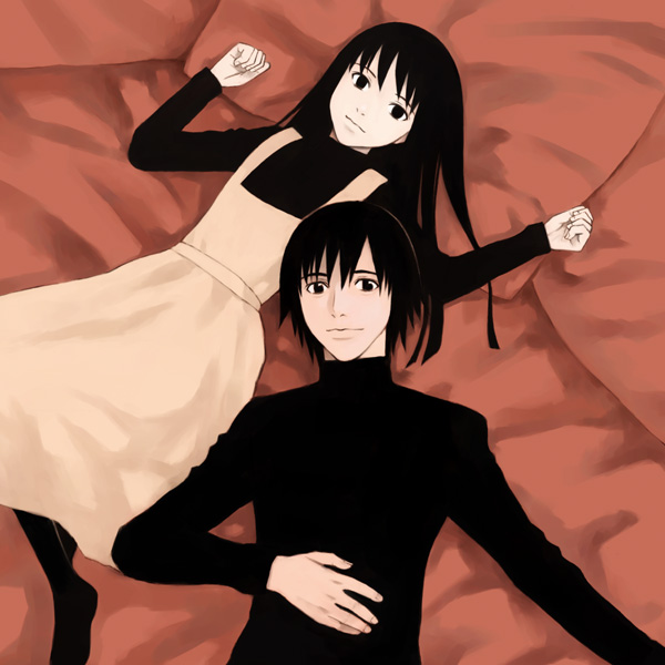takano masayuki, kuroe kurose, misaki minato, blood alone, black hair, long hair, lying, pantyhose, short hair