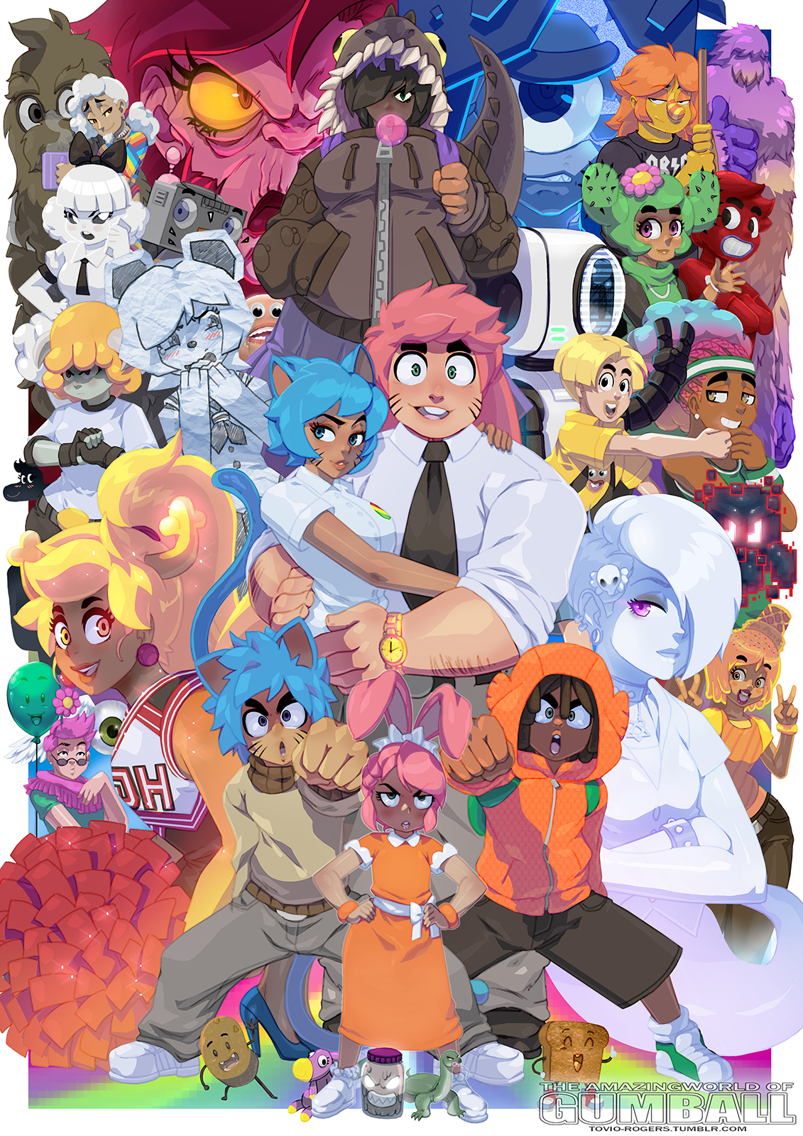 tovio rogers, alan keane, anais watterson, anton (tawog), bobert, carrie krueger, darwin watterson, gumball watterson, idaho (tawog), nicole watterson, penny fitzgerald, richard watterson, rob (tawog), teri (tawog), tina rex, the amazing world of gumball, highres, animal ears, banana joe (tawog), blue hair, breasts, carmen verde, cat ears, cat tail, colored skin, daisy the donkey, hector jotunheim, humanization, jamie russo, juke (tawog), leslie (tawog), looking at viewer, masami yoshida, mr. small (tawog), multiple boys, multiple girls, nicole watterson (the fury), nigel brown, ocho (tawog), ocho tootmorsel, official alternate skin color, open mouth, sarah g. lato, shirt, short hair, smile, steven small, sussie (tawog), tail, tobias wilson, william (tawog)