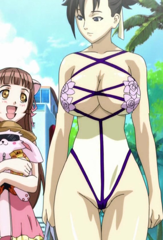 amy (bakuretsu tenshi), sei (bakuretsu tenshi), bakuretsu tenshi, anime screenshot, nude filter, stitched, third-party edit, 00s, 2girls, black hair, blue eyes, blush, breasts, brown eyes, brown hair, censored, cleavage, hair up, hat, huge breasts, large breasts, long hair, multiple girls, navel, nipples, straw hat, stuffed animal, stuffed toy, sunglasses, swimsuit, thigh gap