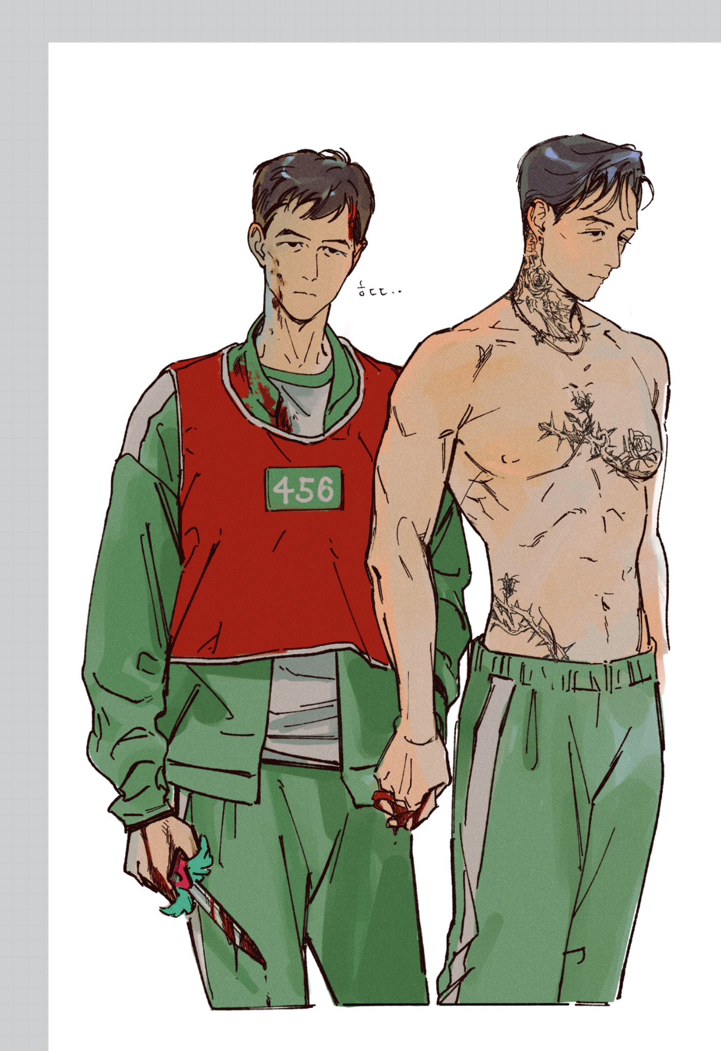 seong gi-hun, squid game, highres, 2boys, abs, alternate costume, black eyes, blank stare, blood, blood on face, blood on hands, bloody knife, brown hair, chest tattoo, clenched hand, clothes writing, dual persona, expressionless, green track suit, hand in pocket, head tilt, holding, holding knife, knife, male focus, multiple boys, neck tattoo, no shirt, pectorals, red vest, runlikehellllll, shirt, short hair, stomach tattoo, striped clothes, tattoo, toned, toned male, track suit, vest, white shirt