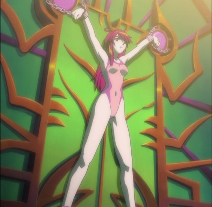 meg (bakuretsu tenshi), bakuretsu tenshi, anime screenshot, 00s, 1girl, bdsm, bondage, bound, competition swimsuit, curvy, female focus, forced, one-piece swimsuit, solo, swimsuit