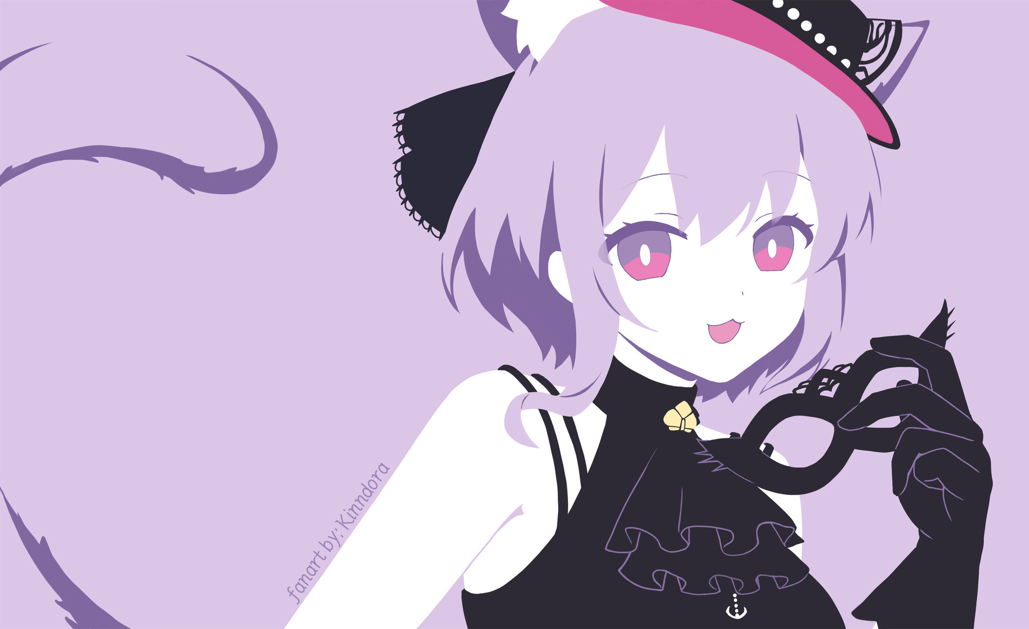 yuutenji nyamu, yuutenji nyamu (magician of passion), arknights, bang dream!, bang dream! it's mygo!!!!!, chinese commentary, commentary request, highres, 1girl, :3, :d, animal ears, ascot, bare shoulders, black ascot, black gloves, blending, bright pupils, cat ears, cat girl, cat tail, flat color, gloves, holding, holding mask, kemonomimi mode, kinndora, looking at viewer, mask, no lineart, open mouth, purple background, purple eyes, purple hair, short hair, simple background, smile, solo, tail, upper body, white pupils