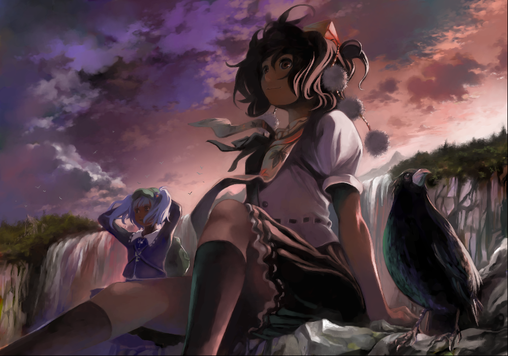 umigarasu, umigarasu (coolier), kawashiro nitori, shameimaru aya, touhou, 2girls, alternate costume, bag, bird, blue hair, brown hair, cloud, crow, female focus, hat, multiple girls, outdoors, ribbon, school bag, school uniform, serafuku, short hair, skirt, sky, socks, twintails, water, waterfall