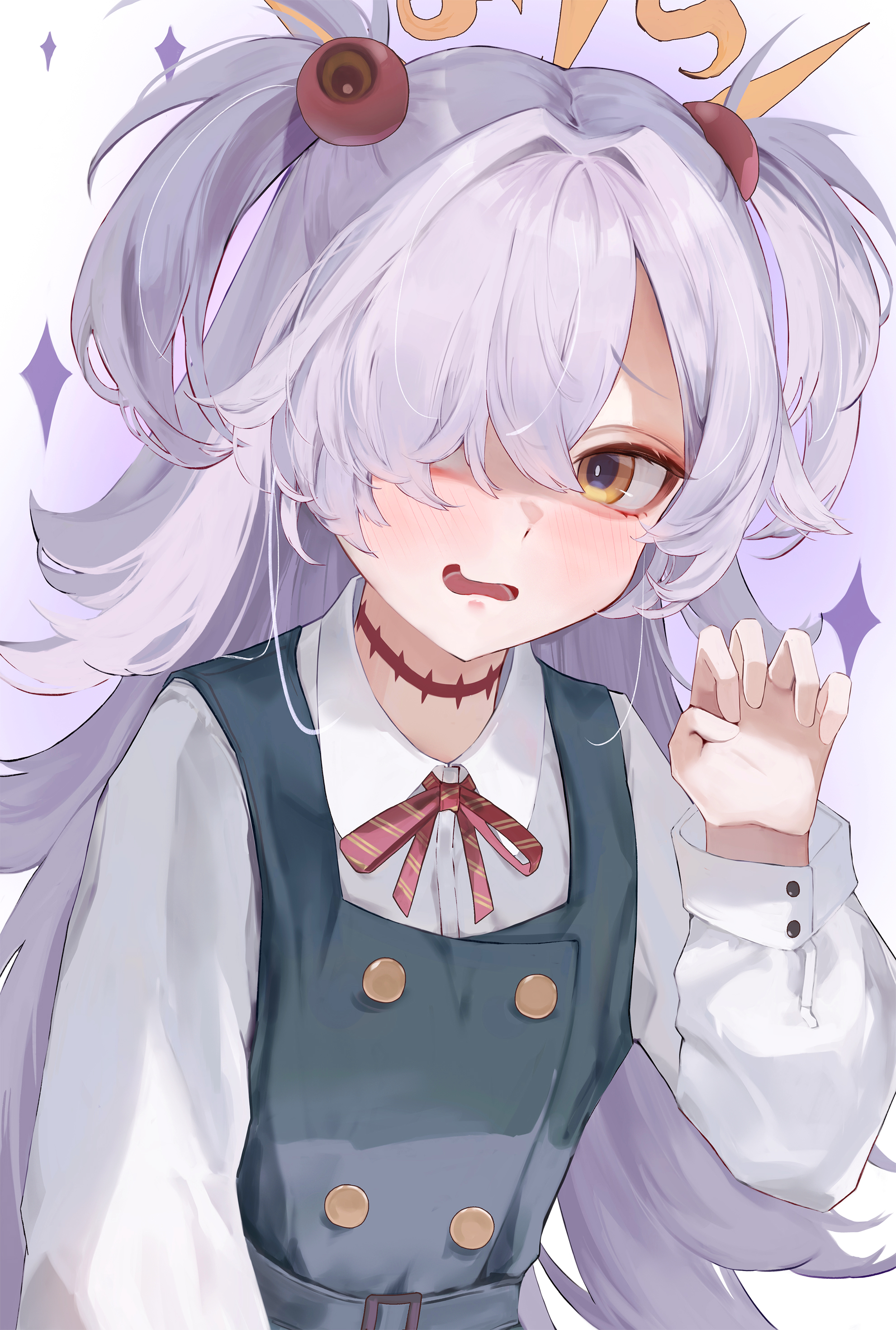 nononae, kanoe (blue archive), blue archive, absurdres, commentary request, highres, 1girl, blush, dress, grey hair, hair over one eye, halo, hand up, long hair, looking at viewer, neck ribbon, one eye covered, open mouth, orange halo, paw pose, pinafore dress, red ribbon, ribbon, school uniform, shirt, sleeveless, sleeveless dress, solo, two side up, upper body, white shirt, yellow eyes