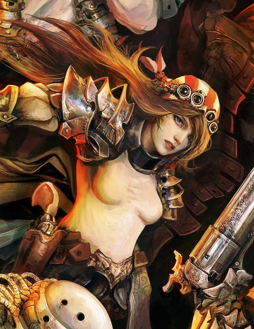 alexandre chaudret, original, 1girl, armor, breasts, brown hair, goggles, goggles on head, gun, handgun, holster, medium breasts, pale skin, revolver, rogue, shirt, striped bandana, weapon, white shirt