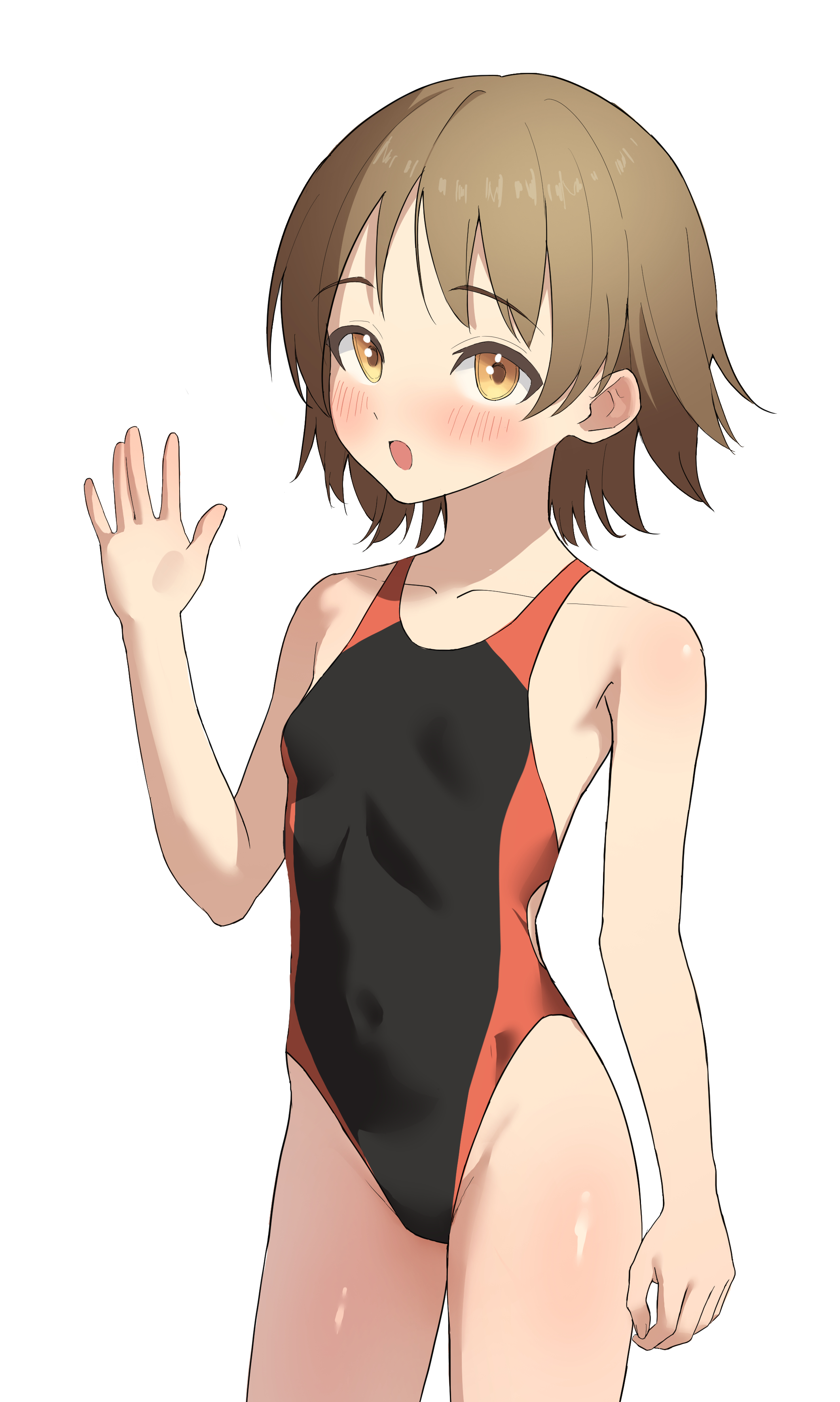 itsuki nofuji, original, absurdres, highres, 1girl, black one-piece swimsuit, breasts, brown eyes, brown hair, competition swimsuit, flipped hair, highleg, highleg one-piece swimsuit, one-piece swimsuit, short hair, simple background, small breasts, solo, swimsuit, two-tone swimsuit, waving, white background
