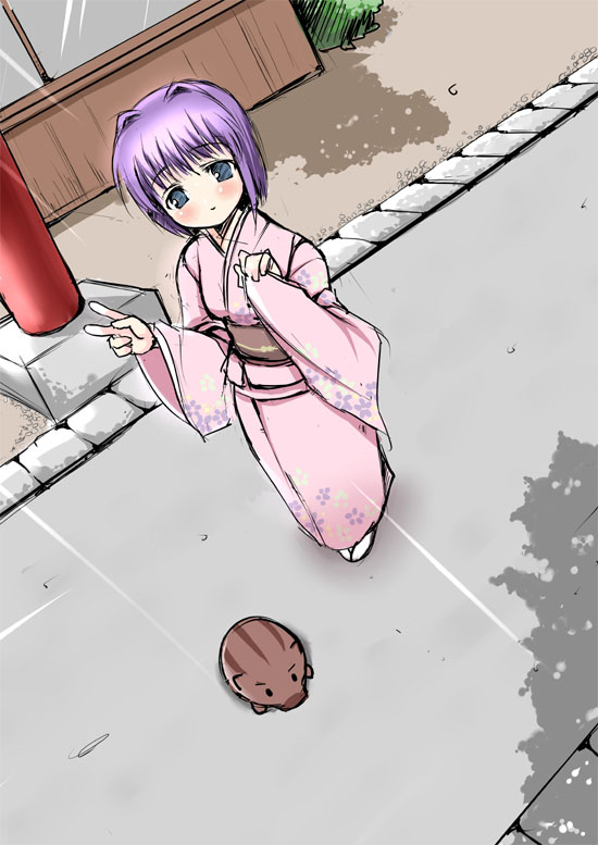 pikazo, botan (clannad), fujibayashi ryou, clannad, 00s, 1girl, blue eyes, boar, female focus, hair intakes, japanese clothes, kimono, purple hair, short hair, solo, v