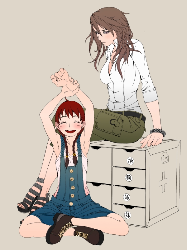 ofukuro-sama, omotsu, original, 2girls, ahoge, armpits, arms up, belt, boots, bracelet, braid, brown eyes, brown hair, cargo pants, closed eyes, jewelry, long hair, multiple girls, necklace, overalls, pants, red hair, sitting, smile, tank top, twin braids