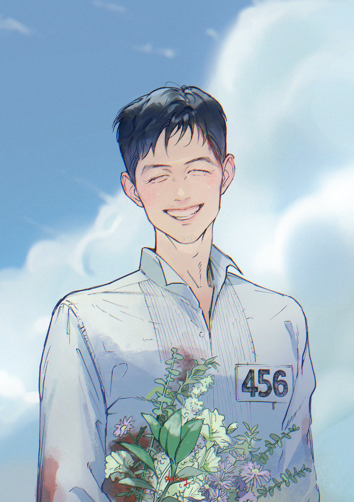 seong gi-hun, squid game, hashtag-only commentary, highres, 1boy, black hair, blood, blood on clothes, blood stain, bouquet, closed eyes, clothes writing, cloud, cloudy sky, collared shirt, daisy (flower), day, facing viewer, flower, grin, head tilt, holding, holding bouquet, lily (flower), male focus, outdoors, runlikehellllll, shirt, short hair, sky, smile, solo, white shirt