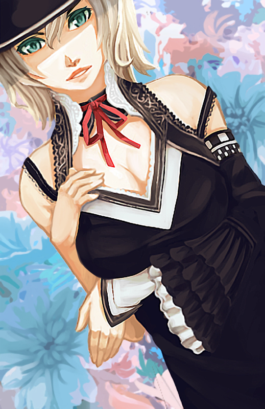 original, 1girl, blonde hair, breasts, cleavage, dress, female focus, frills, green eyes, hat, huge breasts, ribbon, solo, support
