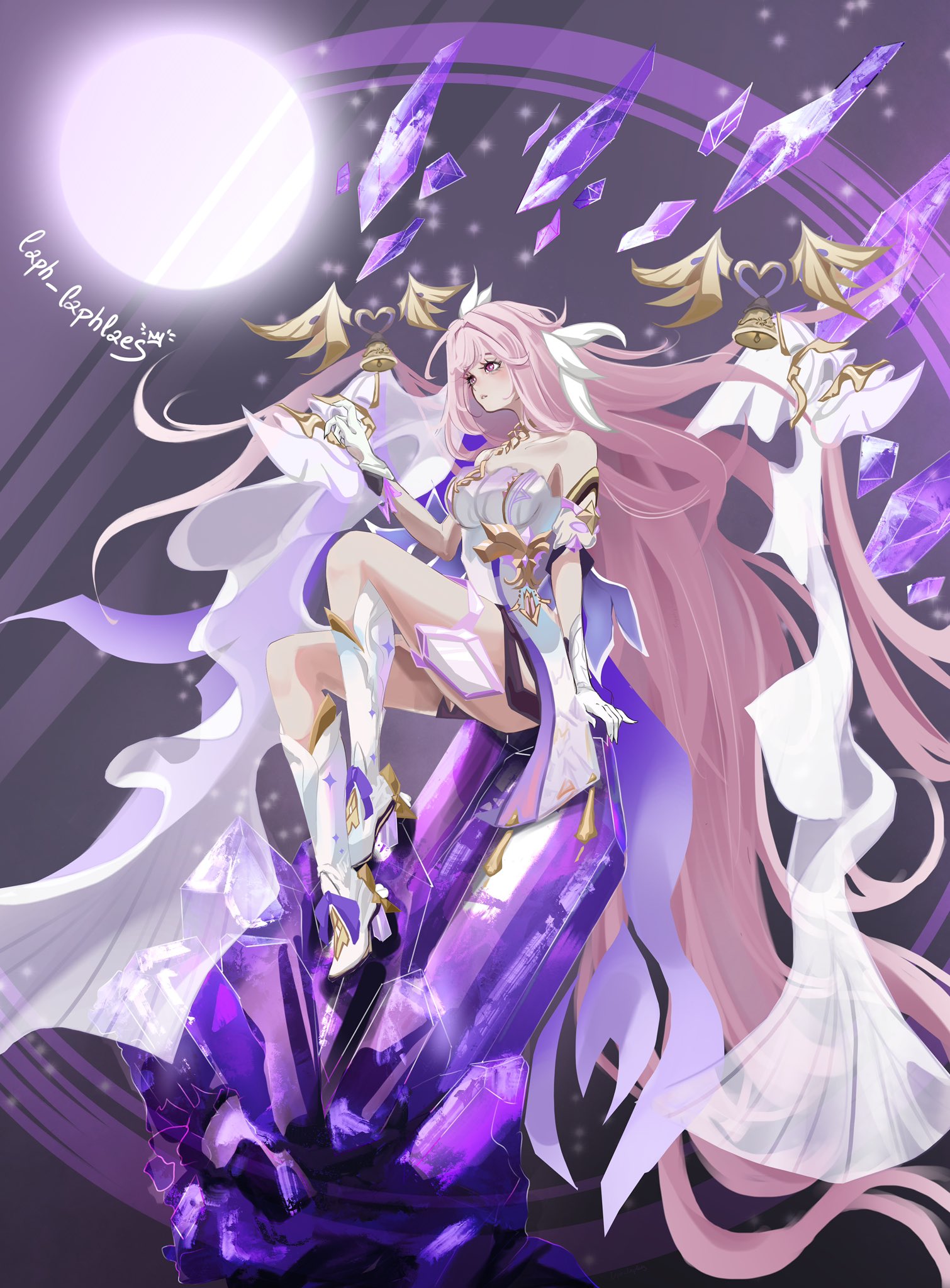 laph laphlaes, elysia (herrscher of human: ego) (honkai impact), elysia (honkai impact), honkai (series), honkai impact 3rd, commentary, highres, 1girl, artist name, bare shoulders, bell, black shorts, boots, breasts, corset, crystal shards, diamond-shaped pupils, diamond (shape), full body, full moon, gloves, large breasts, long hair, moon, multicolored hair, pink hair, purple eyes, short shorts, shorts, solo, symbol-shaped pupils, thighs, two-tone hair, very long hair, white boots, white corset, white gloves, white hair