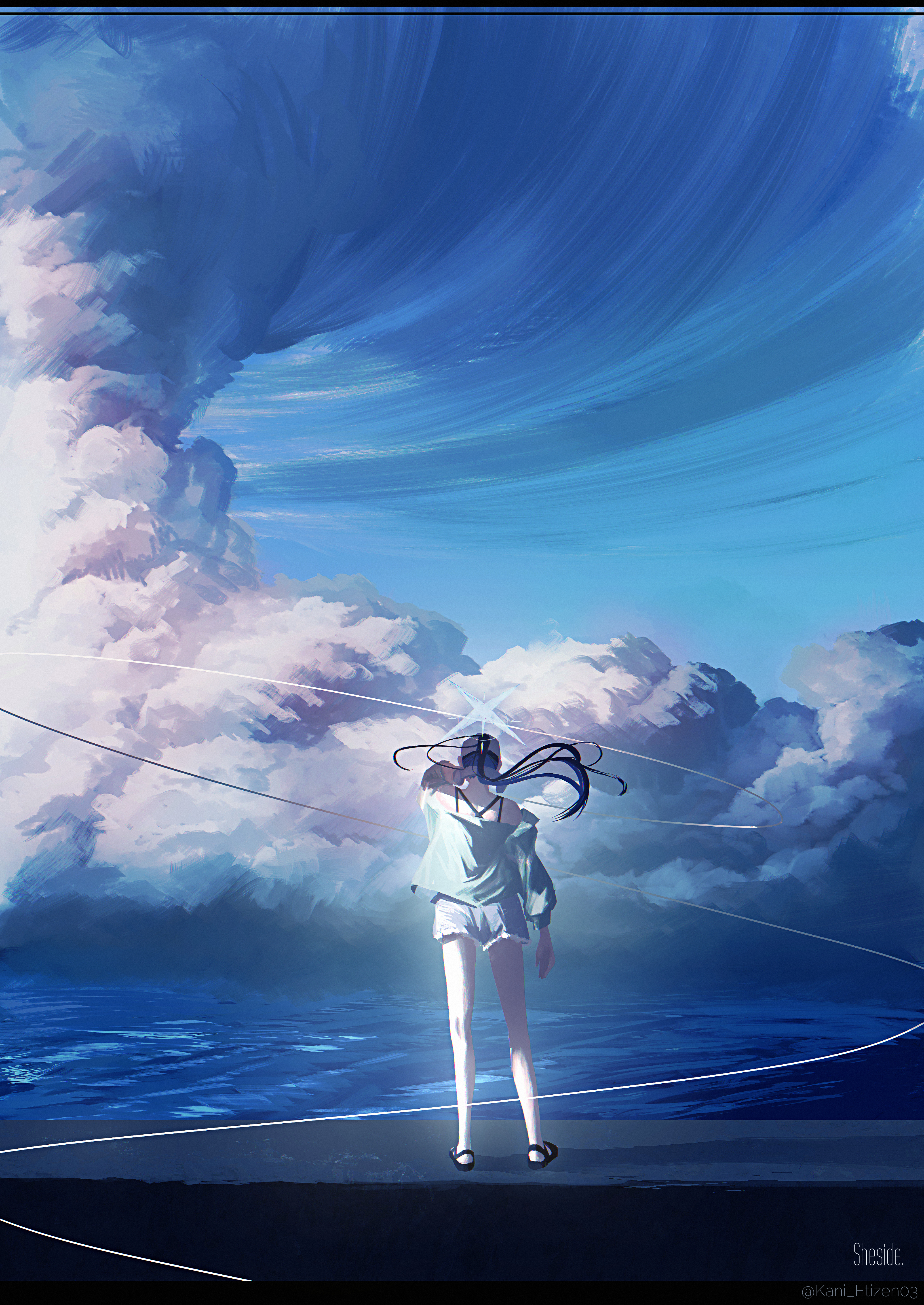 kani etizen03, saori (blue archive), saori (swimsuit) (blue archive), blue archive, absurdres, commentary, highres, 1girl, blue hair, blue halo, blue sky, cloud, cloudy sky, day, facing away, from behind, halo, letterboxed, long hair, ocean, official alternate costume, outdoors, scenery, sky, solo, standing, twitter username, wide shot