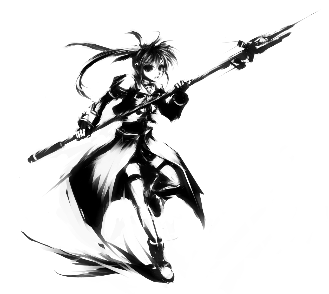 mohomen, raising heart, raising heart (buster mode), takamachi nanoha, takamachi nanoha (aggressor mode), lyrical nanoha, mahou shoujo lyrical nanoha, mahou shoujo lyrical nanoha a's, mahou shoujo lyrical nanoha strikers, 00s, 1girl, female focus, full body, greyscale, high contrast, long hair, monochrome, solo, staff, thighhighs, twintails