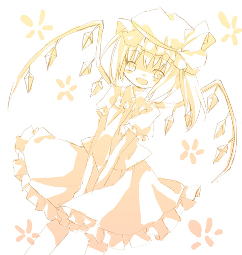 hayakawa harui, retei, flandre scarlet, touhou, lowres, 1girl, collared shirt, female focus, hat, hat tip, mob cap, monochrome, shirt, solo, wings, yellow theme