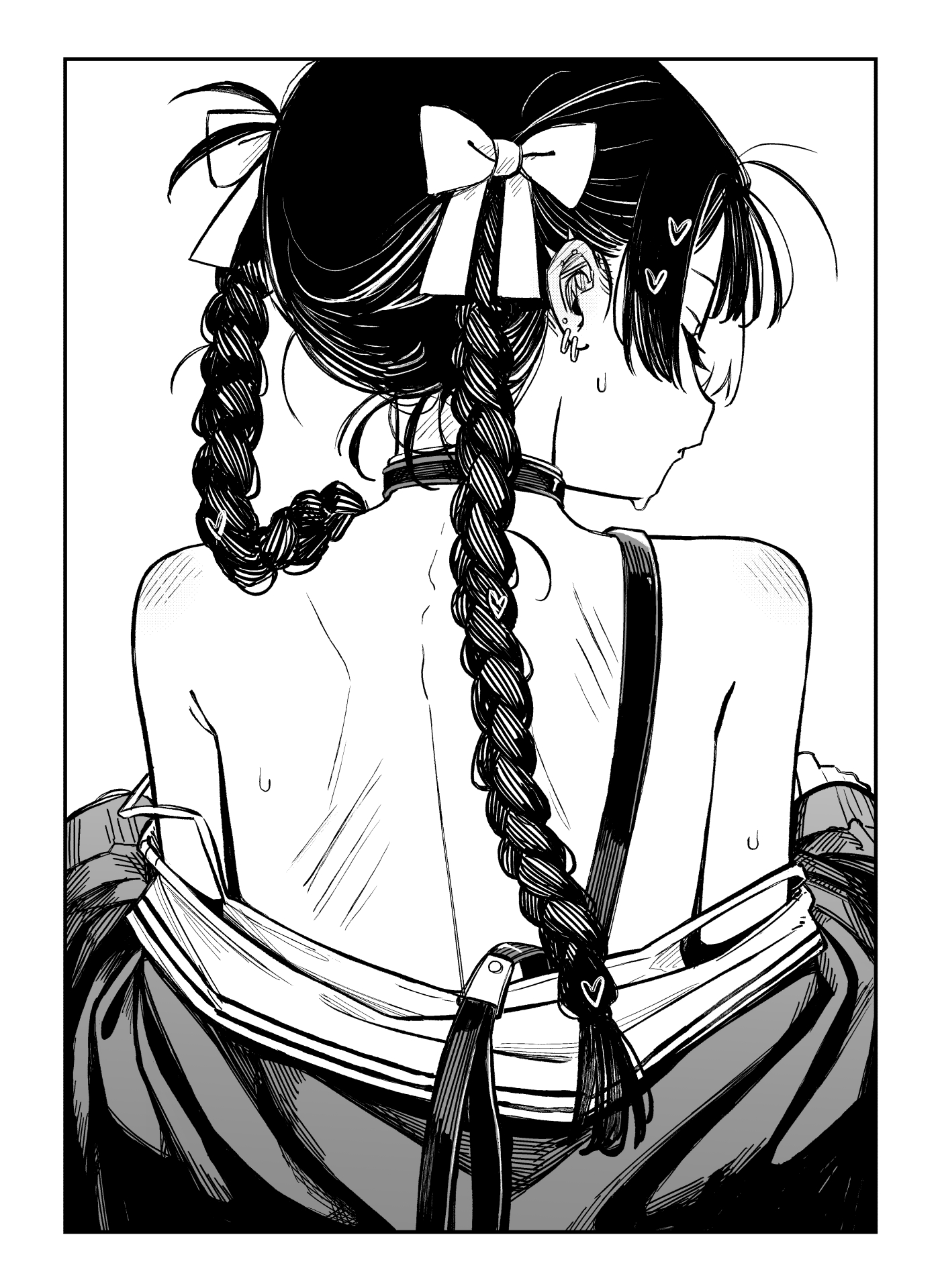 num (angrynum), original, braided twintails, commentary, highres, symbol-only commentary, 1girl, back, back focus, black hair, bow, braid, closed eyes, closed mouth, dress, earrings, facing to the side, from behind, greyscale, hair bow, heart, jewelry, leash, monochrome, solo, sweat, sweater, undressing, upper body