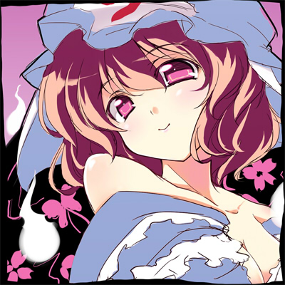 tooya, touya (the-moon), saigyouji yuyuko, touhou, lowres, 1girl, breasts, cleavage, female focus, hat, pink eyes, pink hair, solo, upper body