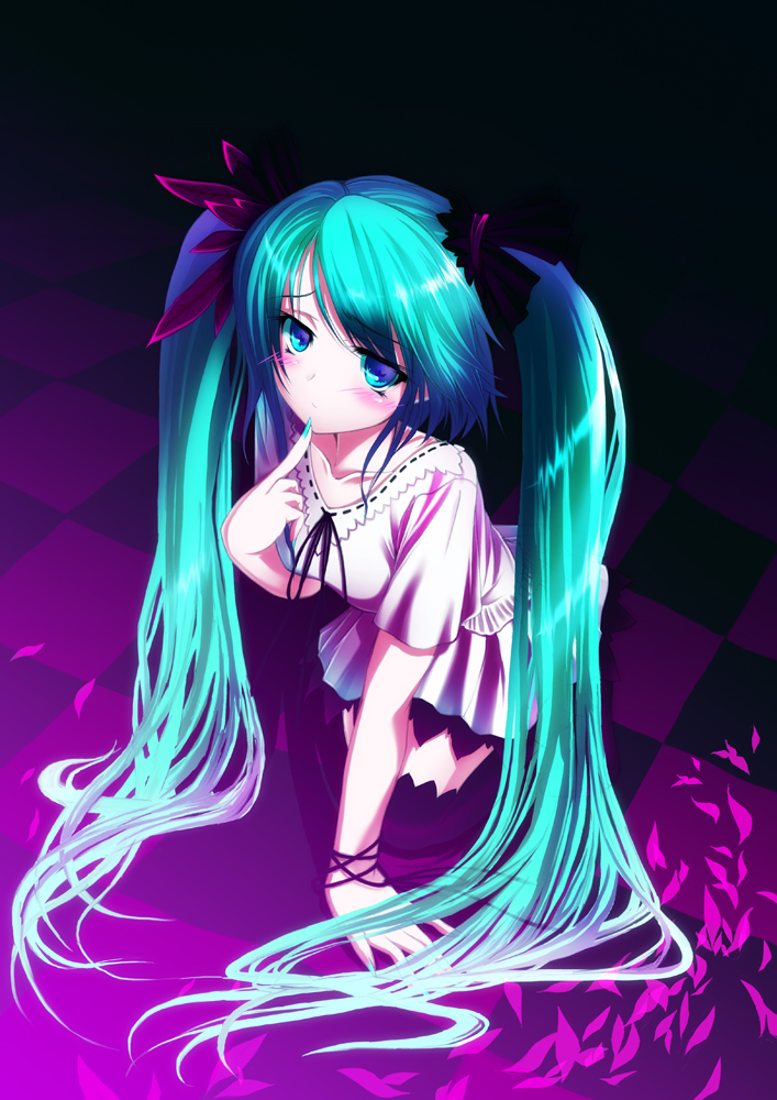hinasaki you, hatsune miku, vocaloid, world is mine (vocaloid), 1girl, aqua nails, blue eyes, female focus, green hair, kneeling, long hair, nail polish, petals, skirt, solo, thighhighs, twintails, zettai ryouiki