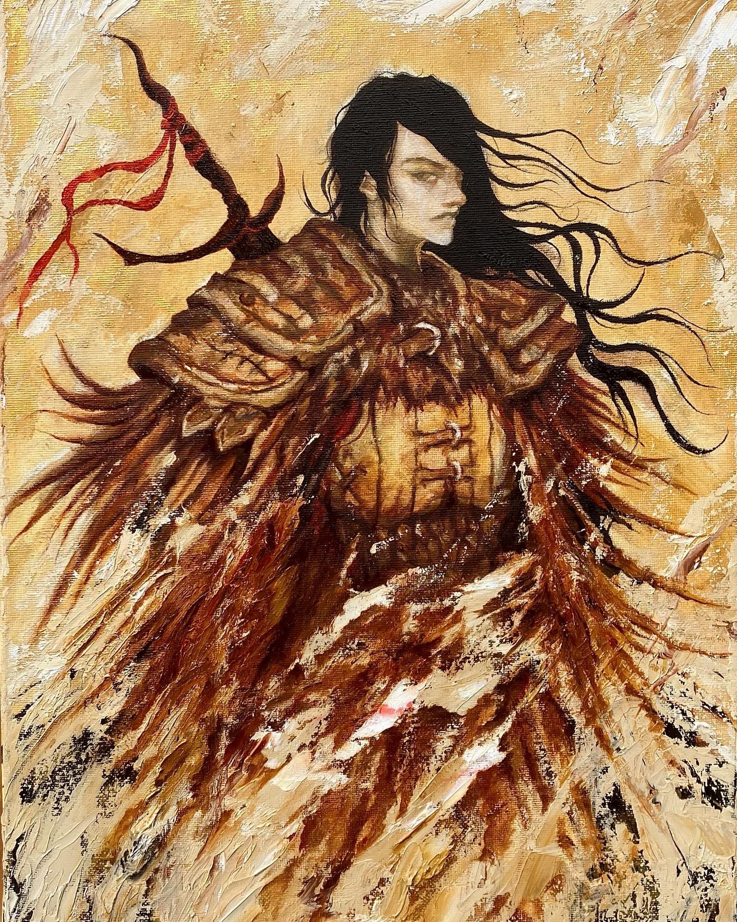 alexandre chaudret, original, highres, oil painting (medium), painting (medium), traditional media, 1boy, male focus, pale skin, solo, sword, sword on back, weapon, weapon on back