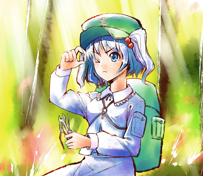 yuugo, yuugo (atmosphere), kawashiro nitori, touhou, 1girl, backpack, bag, blue eyes, blue hair, female focus, hair bobbles, hair ornament, hat, key, matching hair/eyes, one eye closed, pliers, randoseru, screw, screwdriver, solo, tools, two side up, wink, wrench