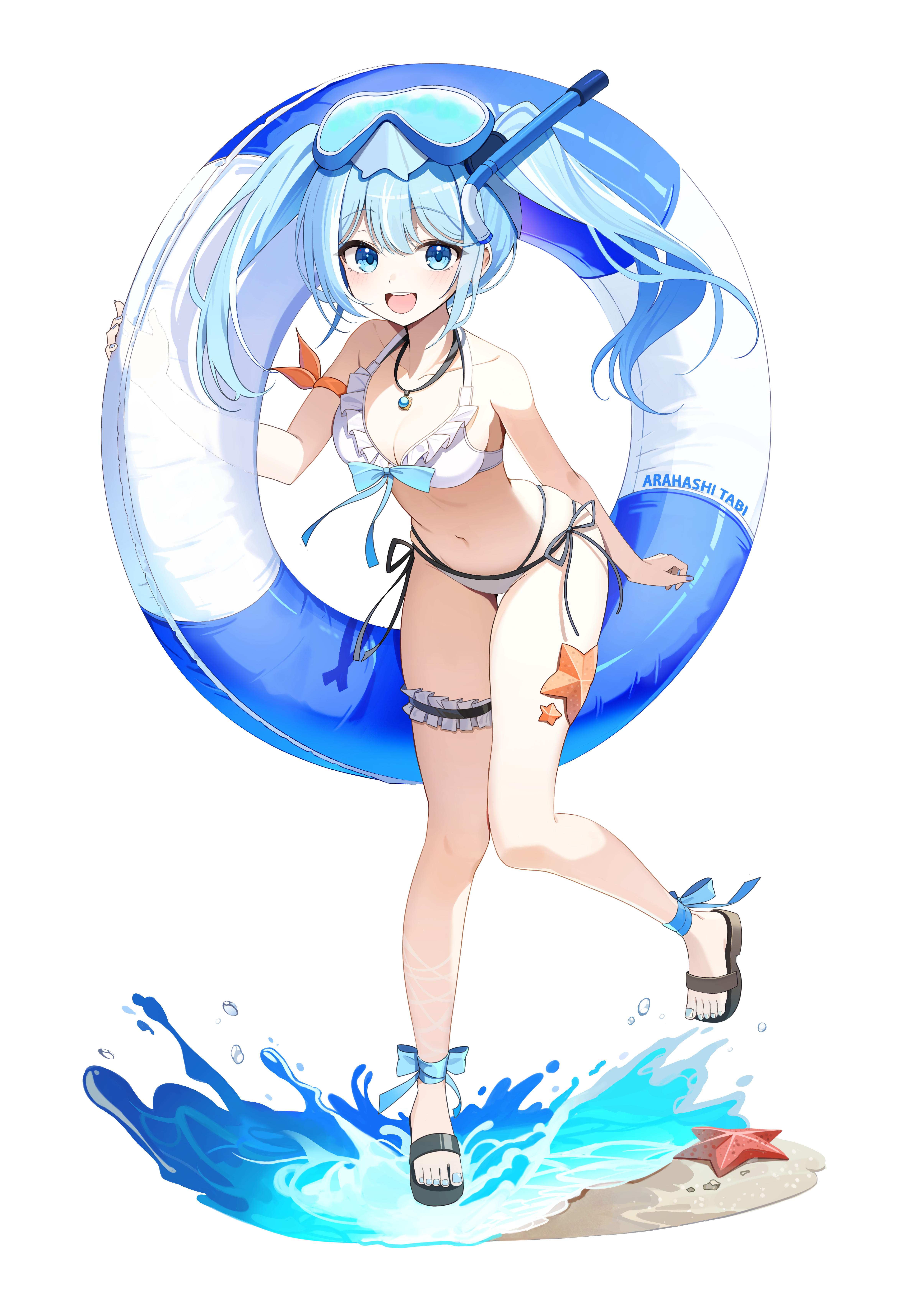 kinsuke z, arahashi tabi, stellive, absurdres, commentary, highres, symbol-only commentary, 1girl, bikini, black sandals, blue eyes, blue hair, breasts, diving mask, full body, goggles, goggles on head, holding, holding swim ring, innertube, long hair, looking at viewer, medium breasts, multi-strapped bikini bottom, open mouth, sandals, simple background, smile, solo, standing, standing on one leg, starfish, swim ring, swimsuit, twintails, virtual youtuber, water, white background, white bikini