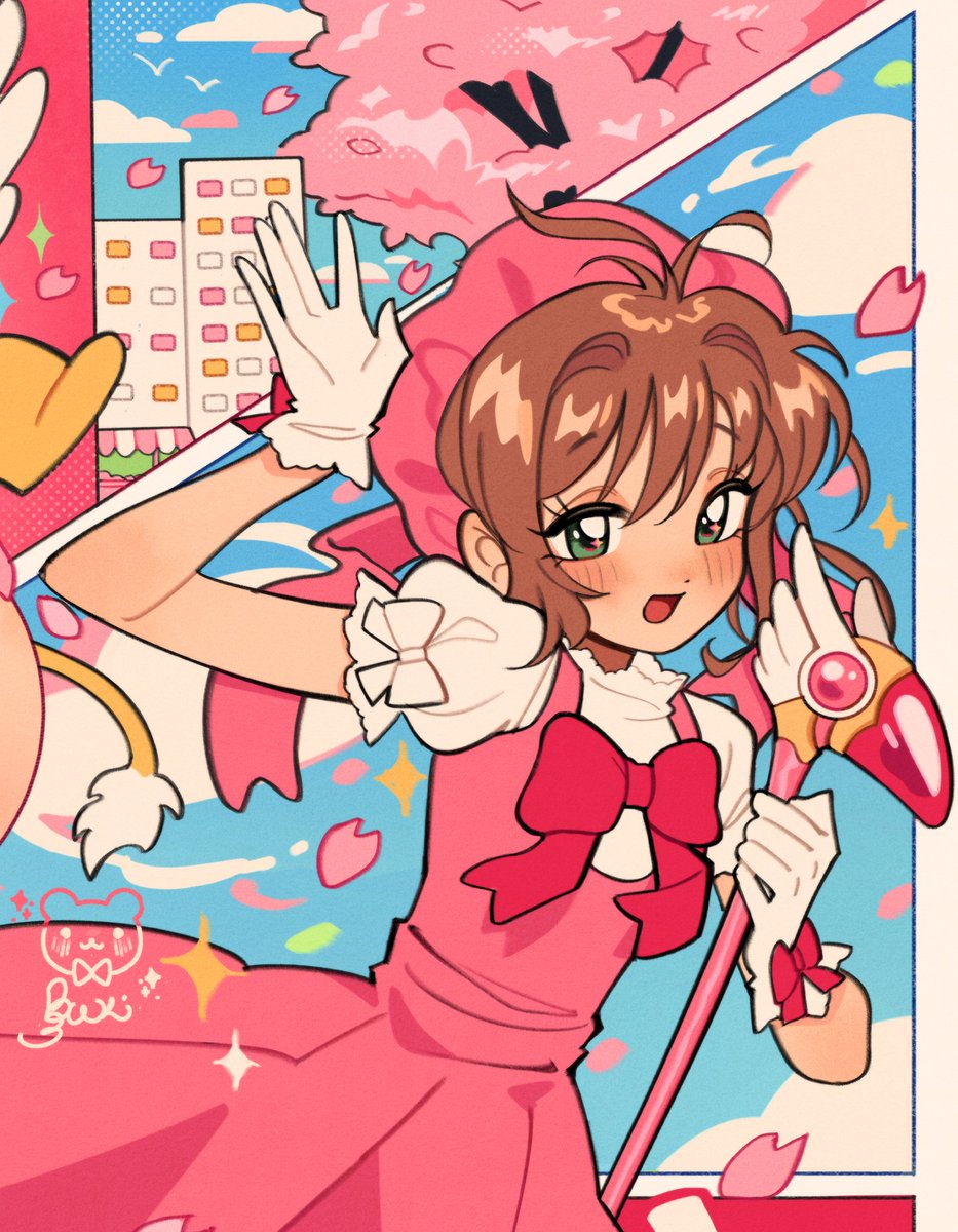 mitsutadaki, kero (cardcaptor sakura), kinomoto sakura, kinomoto sakura (magician), cardcaptor sakura, commentary, highres, 1girl, blue sky, blush, bow, bowtie, brown hair, cherry blossoms, cloud, dress, gloves, green eyes, hat, holding, holding wand, magical girl, open mouth, petals, pink dress, pink hat, puffy short sleeves, puffy sleeves, short hair, short sleeves, signature, sky, smile, wand, waving, white gloves