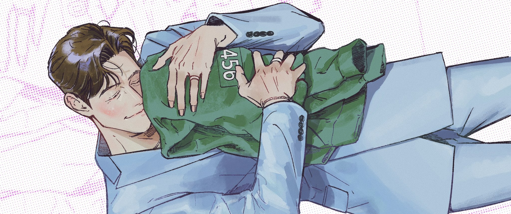 seong gi-hun, squid game, highres, 1boy, brown hair, closed eyes, collared shirt, cowboy shot, curtained hair, folded clothes, green track suit, holding, holding unworn clothes, hugging object, jewelry, male focus, multiple rings, ring, runlikehellllll, shirt, short hair, sideways, smile, solo, track suit, wedding ring, white shirt