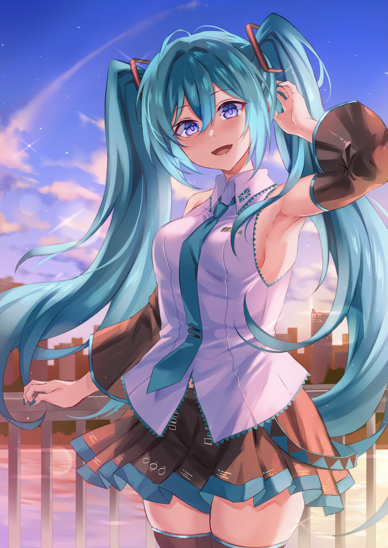 inue ao, hatsune miku, vocaloid, commentary request, highres, 1girl, aqua eyes, aqua hair, aqua nails, aqua necktie, aqua trim, arm up, armpits, black skirt, blush, breasts, collared shirt, detached sleeves, hair between eyes, hair ornament, long hair, long sleeves, looking at viewer, medium breasts, necktie, open mouth, pleated skirt, shirt, skirt, sleeveless, sleeveless shirt, smile, solo, sunset, thighhighs, twintails, very long hair, white shirt, wide sleeves, zettai ryouiki