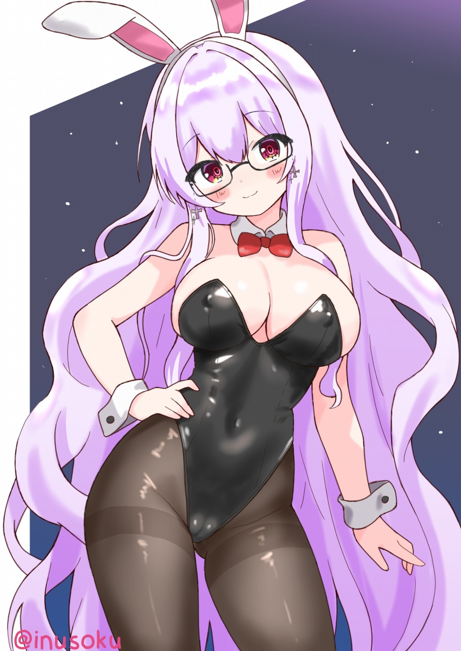 inusoku, original, commission, highres, skeb commission, 1girl, animal ear hairband, animal ears, black leotard, black pantyhose, bow, bowtie, cameltoe, covered erect nipples, detached collar, fake animal ears, hairband, hand on own hip, highleg, highleg leotard, leotard, long hair, pantyhose, playboy bunny, rabbit ears, red bow, red bowtie, red eyes, solo, strapless, strapless leotard, thighband pantyhose, twitter username, very long hair, wavy hair, white hair, wrist cuffs
