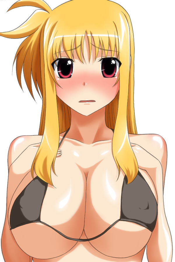 yuuki1103, fate testarossa, lyrical nanoha, mahou shoujo lyrical nanoha, 00s, bikini, bikini top only, black bikini, blonde hair, blush, breasts, huge breasts, long hair, red eyes, solo, swimsuit