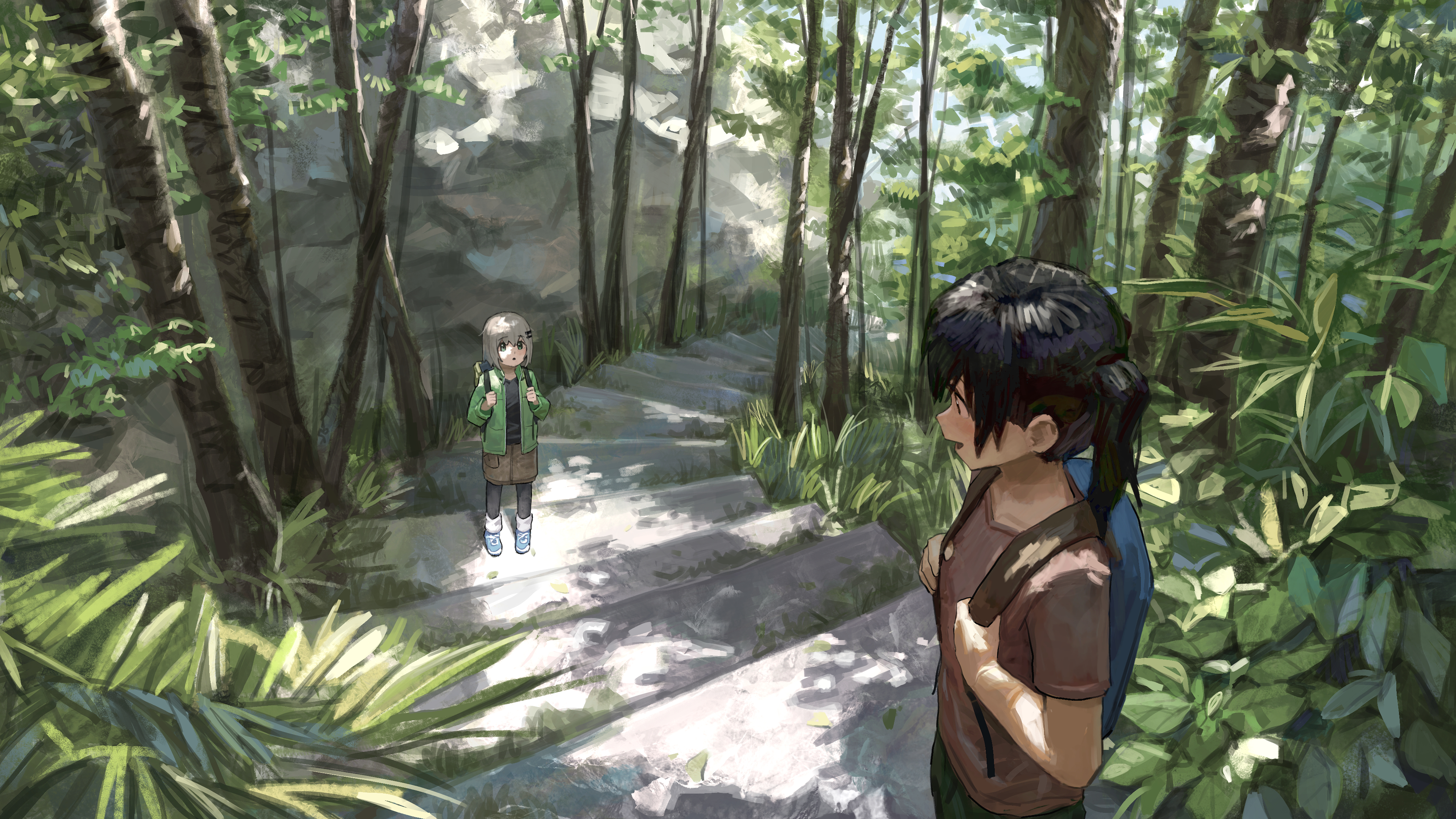 an yb, kuraue hinata, yukimura aoi, yama no susume, absurdres, commentary, highres, 2girls, backpack, bag, black hair, black pantyhose, black shirt, blue shoes, brown shirt, brown skirt, bush, collarbone, dappled sunlight, from above, grass, green eyes, green jacket, grey hair, hair ornament, hairclip, holding strap, jacket, leg warmers, light blush, looking at another, looking down, looking up, medium hair, mountain, multiple girls, open mouth, outdoors, pantyhose, parallel hairclips, plant, scenery, shirt, shoes, skirt, sneakers, stairs, standing, stone stairs, sunlight, tree, twintails, white leg warmers, white shoes, wide shot