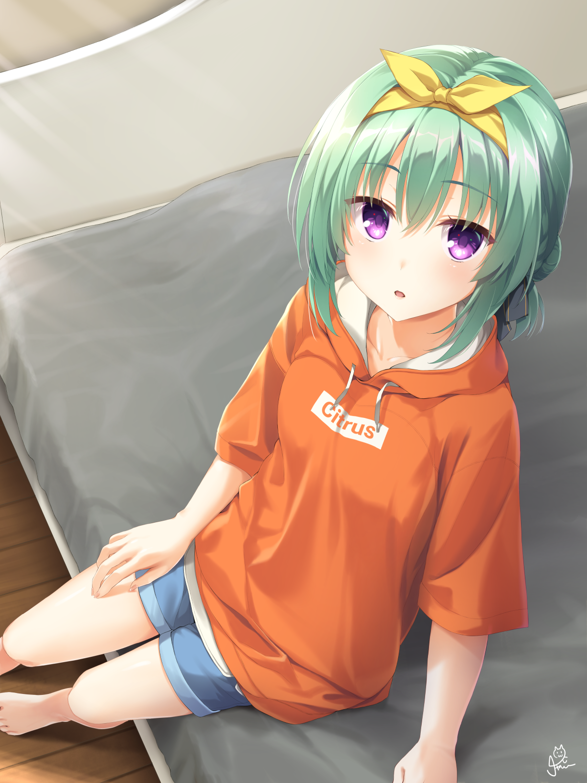 chaamii, takadate orie, tenshi souzou re-boot!, commentary, highres, 1girl, barefoot, blue shorts, blush, bow, casual, collarbone, dutch angle, eyelashes, fingernails, foot out of frame, foreshortening, from above, green hair, hair between eyes, hair bow, hair bun, hand on own thigh, hood, hood down, hoodie, indoors, looking at viewer, medium hair, official alternate costume, on bed, open mouth, orange hoodie, purple eyes, shorts, sidelocks, signature, single hair bun, sitting, solo, tsurime, upturned eyes, yellow bow