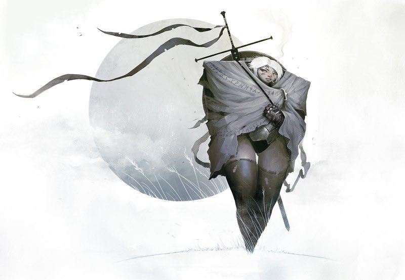 alexandre chaudret, original, 1girl, 1other, cigarette, cloak, floating, geometry, grass, grey cloak, math, moon, runes, short hair, smoking, sword, sword on back, thighhighs, triangle, weapon, weapon on back, white background, white hair