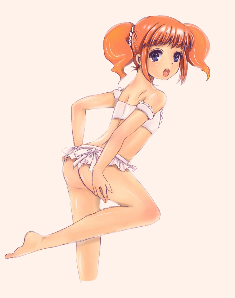 masaki (celesta), takatsuki yayoi, idolmaster, idolmaster (classic), idolmaster 1, bad id, bad pixiv id, 00s, 1girl, ass, bikini, blue eyes, female focus, open mouth, orange hair, solo, swimsuit, twintails, white bikini