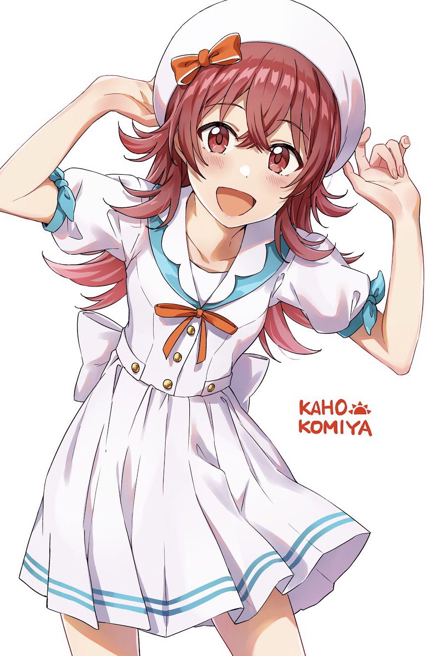 ayano yuu (sonma 1426), komiya kaho, idolmaster, idolmaster shiny colors, commentary request, highres, 1girl, :d, adjusting clothes, adjusting headwear, back bow, beret, blue ribbon, blush, bow, buttons, character name, collarbone, cowboy shot, crossed bangs, dot nose, dress, fingernails, flipped hair, hands up, hat, hat bow, innocent sailor (idolmaster), long hair, looking at viewer, neck ribbon, official alternate costume, open mouth, orange bow, orange ribbon, pleated dress, puffy short sleeves, puffy sleeves, red eyes, red hair, ribbon, sailor collar, sailor dress, short sleeves, simple background, sleeve ribbon, smile, solo, waist bow, white background, white dress, white hat