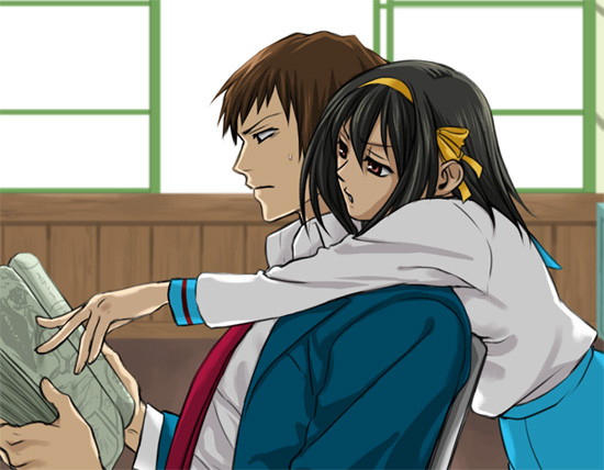 kyon, suzumiya haruhi, suzumiya haruhi no yuuutsu, 00s, black hair, from behind, hug, ribbon, school uniform, serafuku