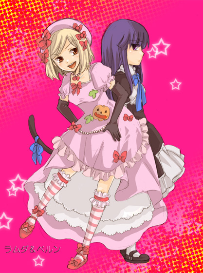 frederica bernkastel, lambdadelta, umineko no naku koro ni, 00s, 2girls, blonde hair, blue hair, bow, cat tail, dress, frills, hair bow, hat, long hair, mary janes, multiple girls, multiple hair bows, orange eyes, pink hat, pumpkin, purple eyes, ribbon, serious, shoes, short hair, tail, thighhighs
