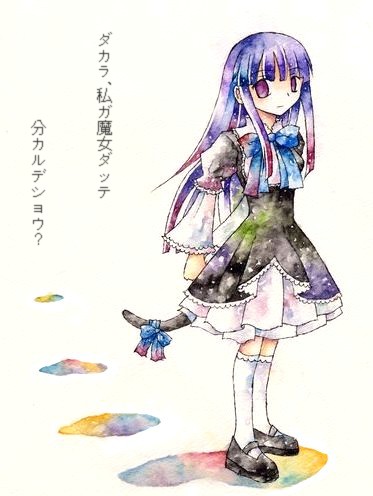 frederica bernkastel, umineko no naku koro ni, lowres, translated, 00s, 1girl, blue hair, cat tail, dress, female focus, long hair, purple eyes, solo, tail