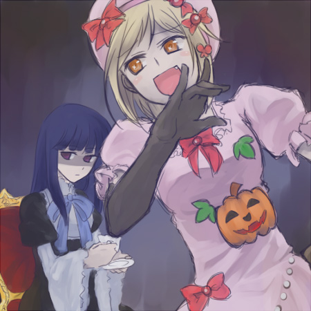 frederica bernkastel, lambdadelta, umineko no naku koro ni, lowres, 00s, 2girls, blonde hair, blue hair, bow, chair, dress, frills, gloves, hair bow, hat, jack-o'-lantern, laughing, long hair, multiple girls, multiple hair bows, orange eyes, pink hat, pumpkin, purple eyes, serious, short hair, smile, tea time, you gonna get raped
