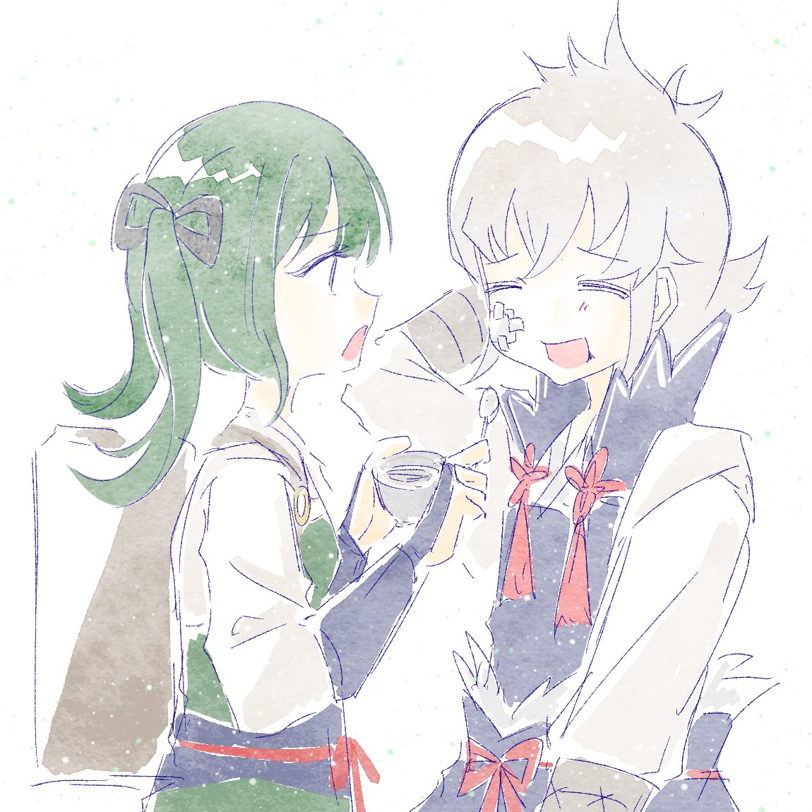 kiragi (fire emblem), midori (fire emblem), fire emblem, fire emblem fates, nintendo, 1022 yang, 1boy, 1girl, arms up, bandages, bow, closed eyes, closed mouth, first aid kit, green hair, grey hair, hair bow, medicine, nervous, scratching head, short twintails, twintails, white background, worried