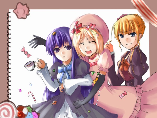 beatrice (umineko), frederica bernkastel, lambdadelta, umineko no naku koro ni, bad id, bad pixiv id, 00s, 3girls, :d, ^ ^, angry, black gloves, blonde hair, blue hair, blunt bangs, border, bow, bowtie, clenched teeth, closed eyes, cowboy shot, cup, dress, elbow gloves, gloves, green eyes, hat, long sleeves, multiple girls, open mouth, pink dress, pink hat, red bow, red bowtie, red eyes, short hair, simple background, smile, teacup, teeth, white background