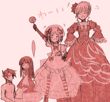 suzushiro kurumi, beatrice (umineko), frederica bernkastel, lambdadelta, ushiromiya battler, umineko no naku koro ni, striped legwear, lowres, 00s, 1boy, 3girls, arm up, ascot, collar, collarbone, dress, long sleeves, monochrome, multiple girls, pink background, pink theme, see-through clothes, short hair, simple background, standing, striped clothes, striped thighhighs, thighhighs, zettai ryouiki