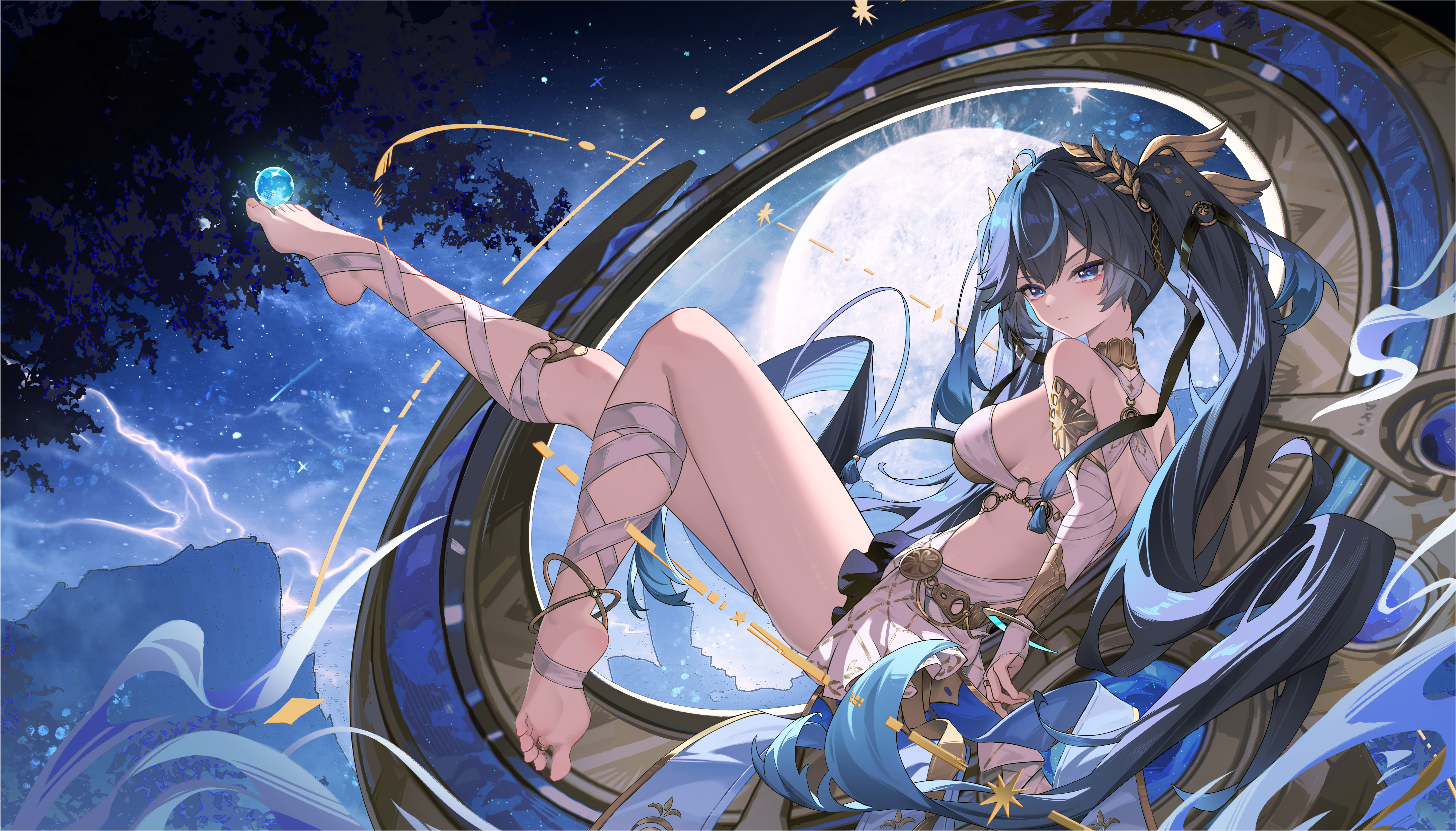heiyizhushenxia, iuno (wuthering waves), wuthering waves, absurdres, highres, 1girl, barefoot, blue eyes, blue hair, feet, long hair, looking at viewer, soles, toes, twintails