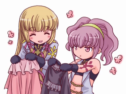 anya alstreim, monica kruszewski, code geass, 00s, 2girls, :d, ^ ^, blonde hair, blunt bangs, closed eyes, flower, holding, multiple girls, open mouth, pink eyes, pink hair, ponytail, shopping, simple background, smile, upper body, white background