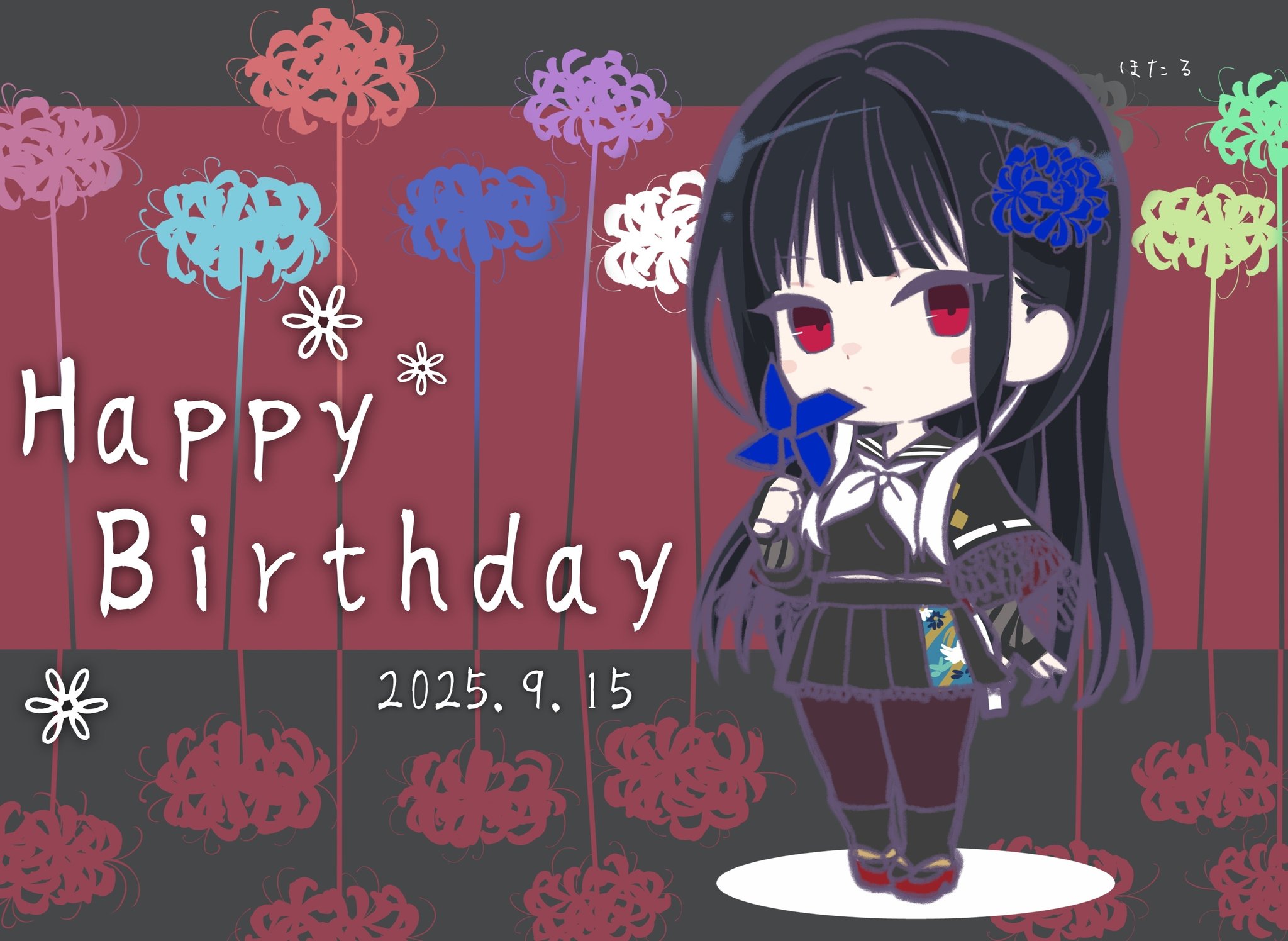 hotaru (ultraroly poly), assault lily, commentary, highres, 1girl, arm at side, artist name, black background, black capelet, black gloves, black hair, black sailor collar, black serafuku, black shirt, black skirt, blue flower, blush, capelet, chibi, closed mouth, dated, elbow gloves, fingerless gloves, floral print, flower, full body, gloves, green flower, hair flower, hair ornament, hand up, happy birthday, holding, holding pinwheel, jika-tabi, lace, lace-trimmed capelet, lace-trimmed skirt, lace trim, long hair, looking at viewer, miniskirt, neckerchief, otsu no hana, pantyhose, pink flower, pinwheel, pleated skirt, print skirt, purple flower, purple pantyhose, red background, red eyes, red flower, sailor collar, school uniform, serafuku, shirt, skirt, solo, spider lily, standing, three-quarter sleeves, two-tone background, very long hair, white flower, white neckerchief, yellow flower