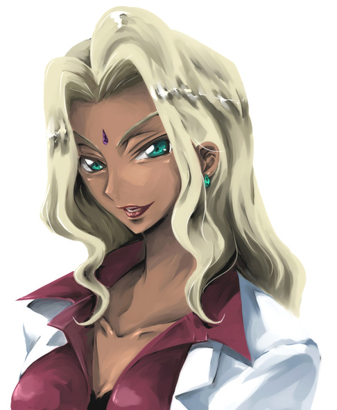 rakshata chawla, code geass, 00s, 1girl, blonde hair, bra, coat, dark-skinned female, dark skin, earrings, facial mark, female focus, forehead mark, green eyes, jewelry, lipstick, looking at viewer, makeup, solo, underwear, white background