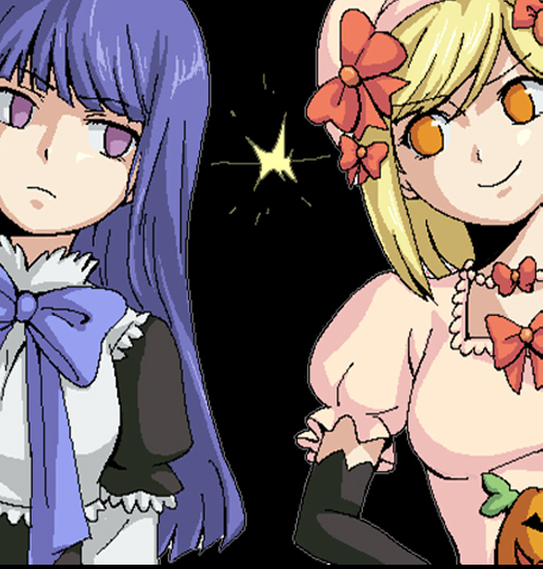frederica bernkastel, lambdadelta, umineko no naku koro ni, 00s, 2girls, black gloves, black theme, blonde hair, blue hair, empty eyes, gloves, hat, multiple girls, orange eyes, pink hat, purple eyes