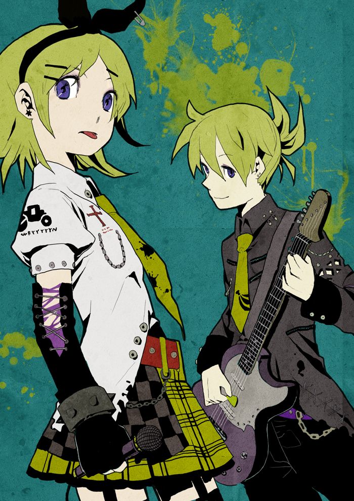 kotetsu (popeethe), kagamine len, kagamine rin, vocaloid, bad id, bad pixiv id, 1boy, 1girl, blonde hair, blue eyes, brother and sister, guitar, instrument, microphone, siblings, skirt, thighhighs, tongue, twins